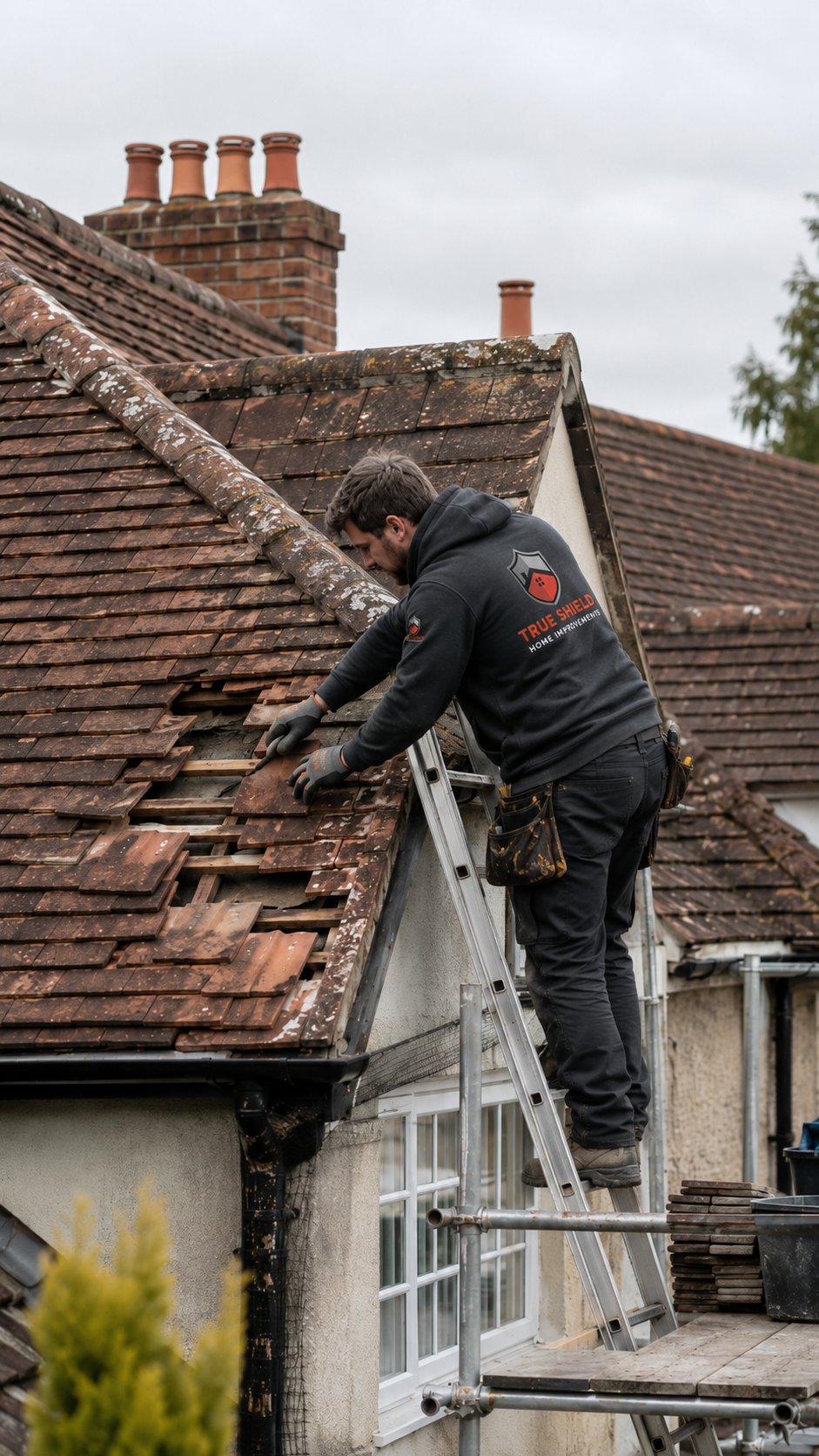 True Shield roofer repairing damaged tiles on a residential roof in Kent