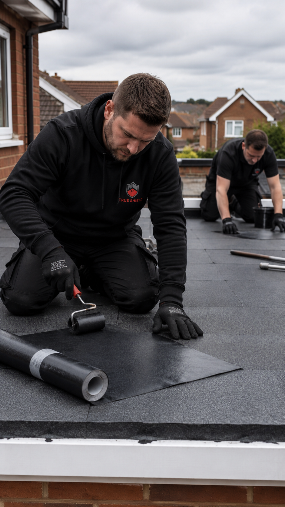 True Shield roofers installing a new flat roof membrane on an extension in Kent